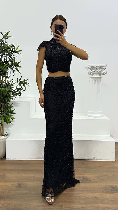 Black Custom Hand Embroidered Skirt Set