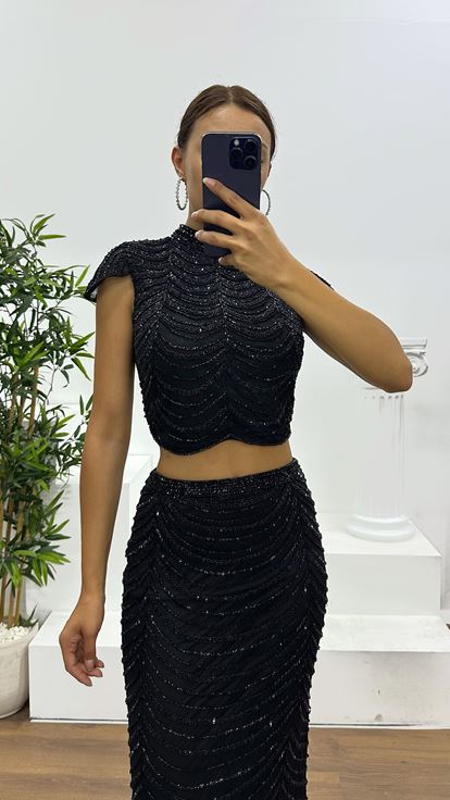 Black Custom Hand Embroidered Skirt Set