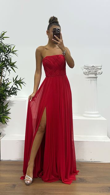 Red Strapless Evening Dress