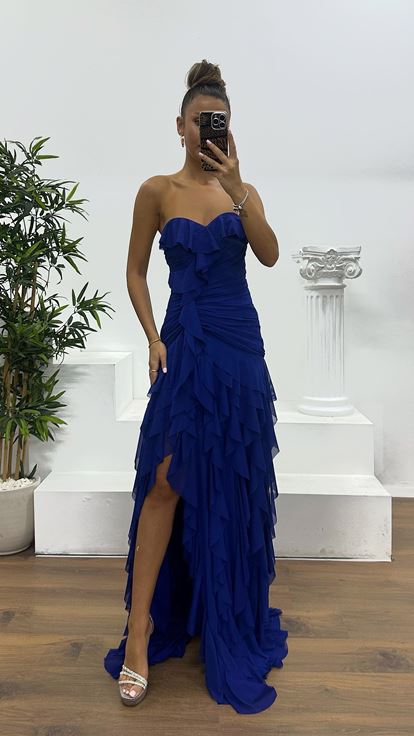 Saks Straplez Fırfırlı Abiye Elbise