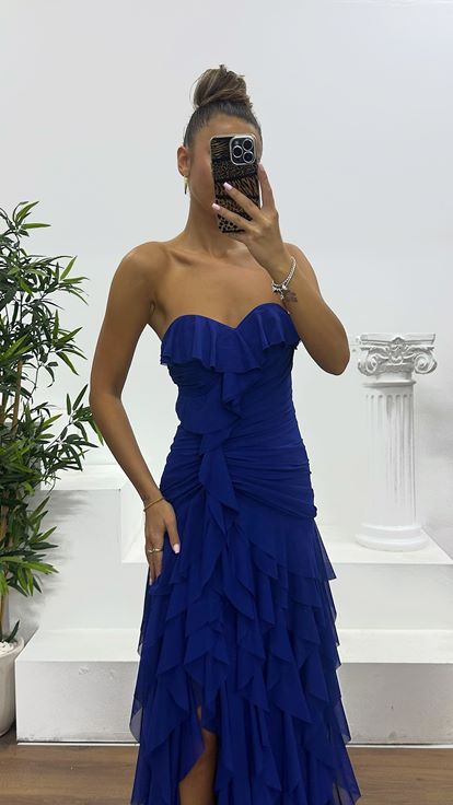 Saks Straplez Fırfırlı Abiye Elbise
