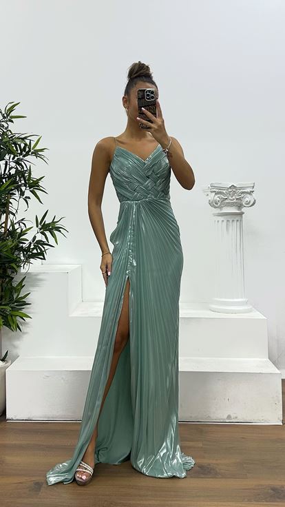 Firuze İp Askılı Piliseli Parlak Abiye Elbise