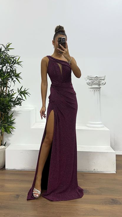 Mürdüm Tek Omuz Abiye Elbise