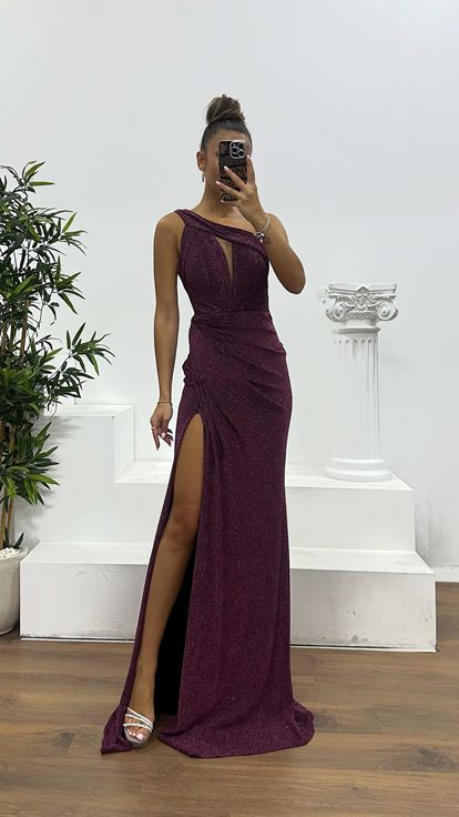 Mürdüm Tek Omuz Abiye Elbise