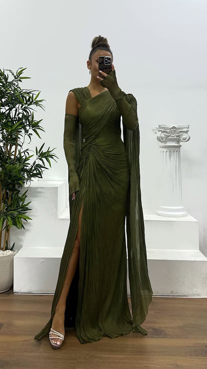 Khaki Bürümcük Evening Dress
