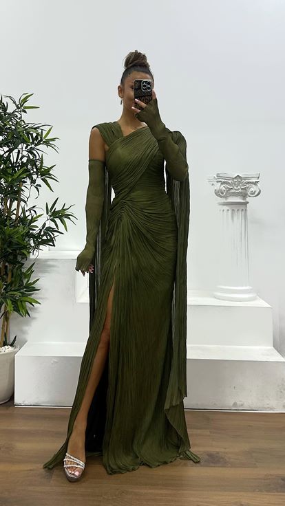 Khaki Bürümcük Evening Dress