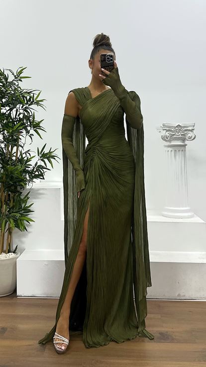 Khaki Bürümcük Evening Dress