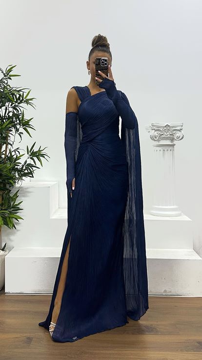 Navy Blue Crepe Evening Dress
