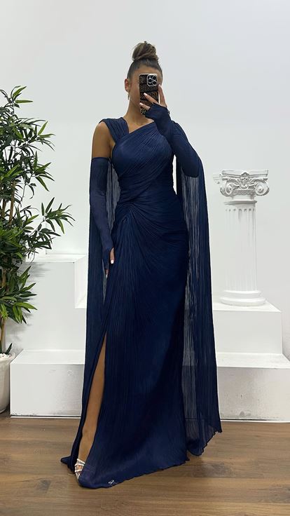 Navy Blue Crepe Evening Dress