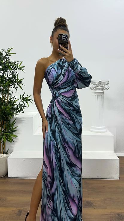 Mavi Tek Omuz Desenli Abiye Elbise