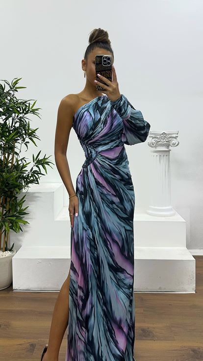 Mavi Tek Omuz Desenli Abiye Elbise