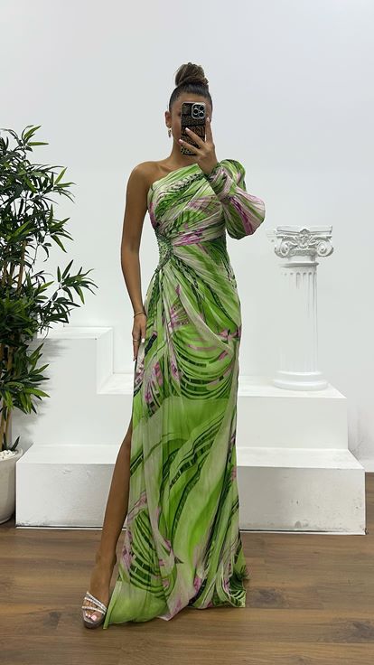 Yeşil Tek Omuz Desenli Abiye Elbise