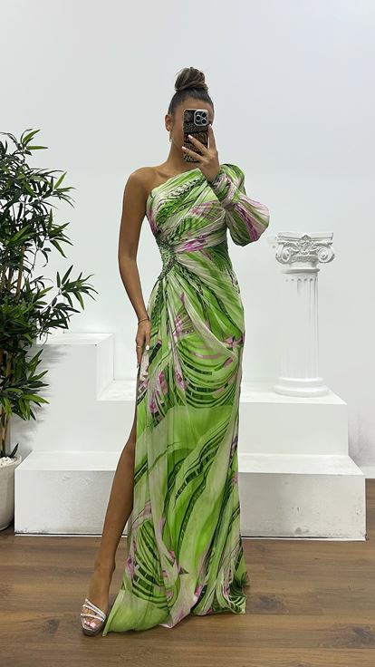 Yeşil Tek Omuz Desenli Abiye Elbise