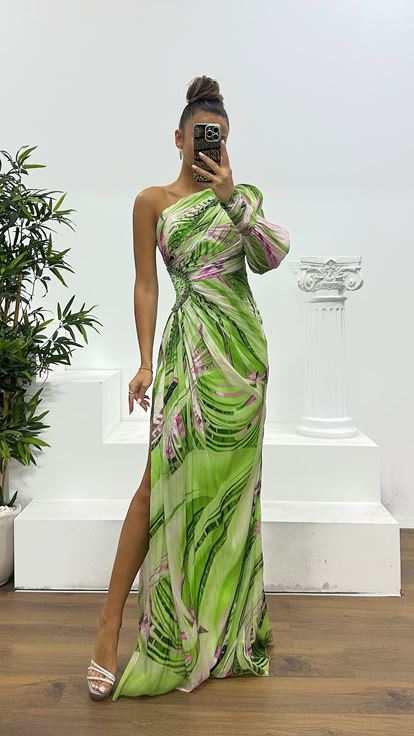 Yeşil Tek Omuz Desenli Abiye Elbise