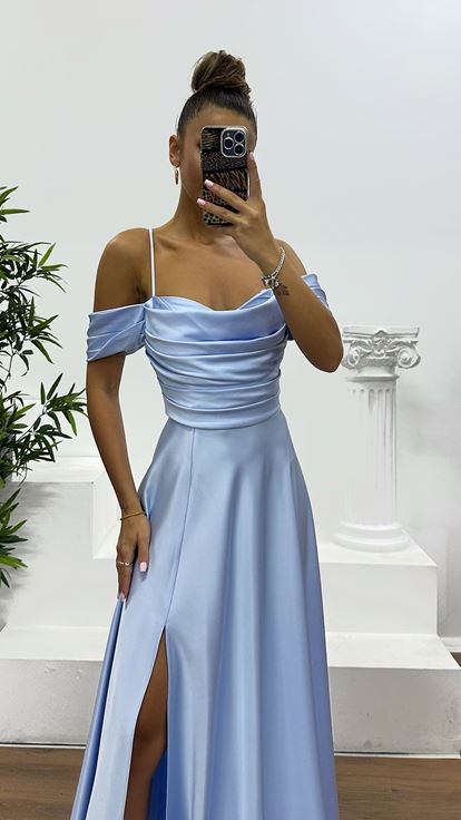 Açık Mavi Sırt Detay Drapeli Abiye Elbise