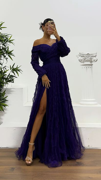 Mor Kayık Yaka Bürümcük Abiye Elbise