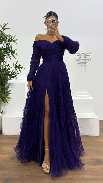 Mor Kayık Yaka Bürümcük Abiye Elbise