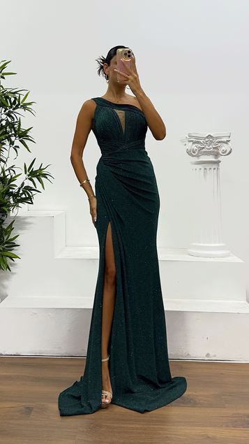 Emerald One Shoulder Evening Dress