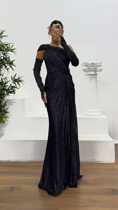 Navy Blue One Shoulder Glittery Evening Dress