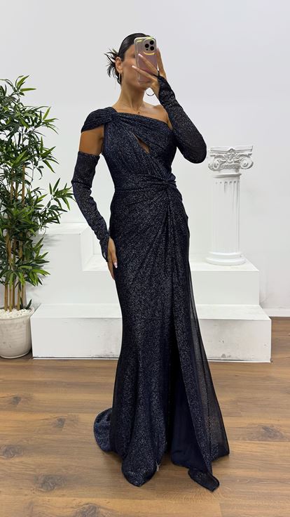 Navy Blue One Shoulder Glittery Evening Dress