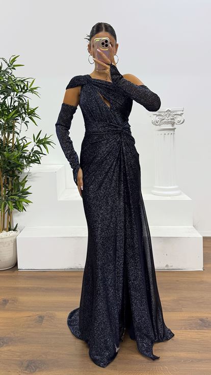 Navy Blue One Shoulder Glittery Evening Dress