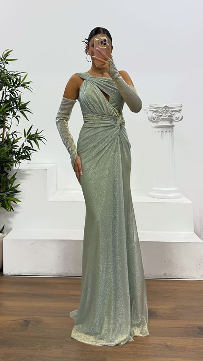 Firuze One Shoulder Glittery Evening Dress