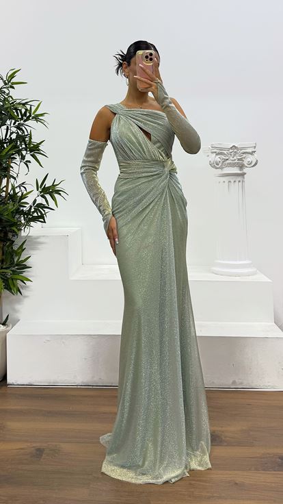 Firuze One Shoulder Glittery Evening Dress