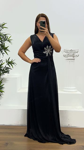 Black V Neck Strap Plus Size Evening Dress