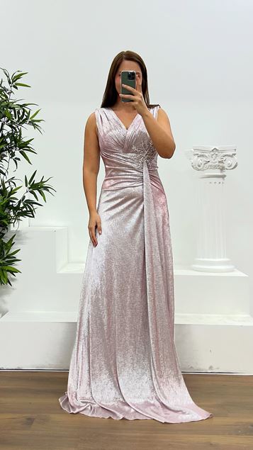 Vestido de noche rosa con escote en V y tirantes, talla grande