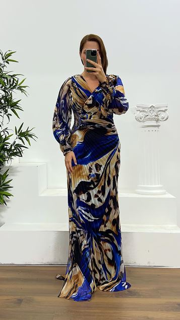 Vestido de noche plisado de talla grande con estampado sajón