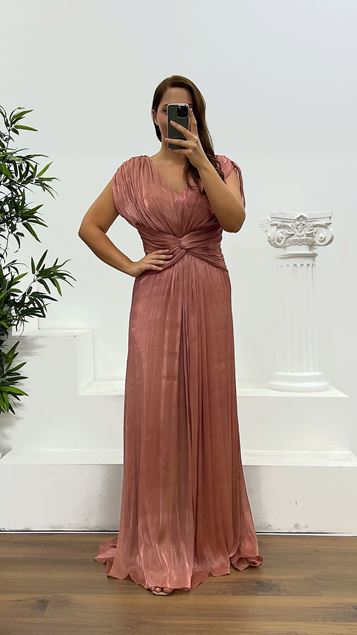 Dusty Rose Waist Pleated Plus Size Evening Dress