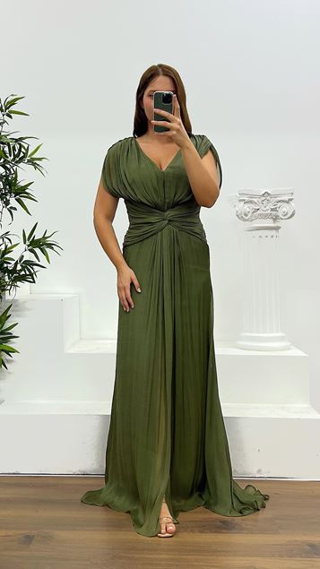 Khaki Waist Pleated Plus Size Evening Dress
