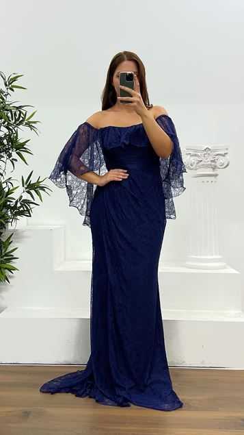 Navy Blue Strapless Lace Plus Size Evening Dress