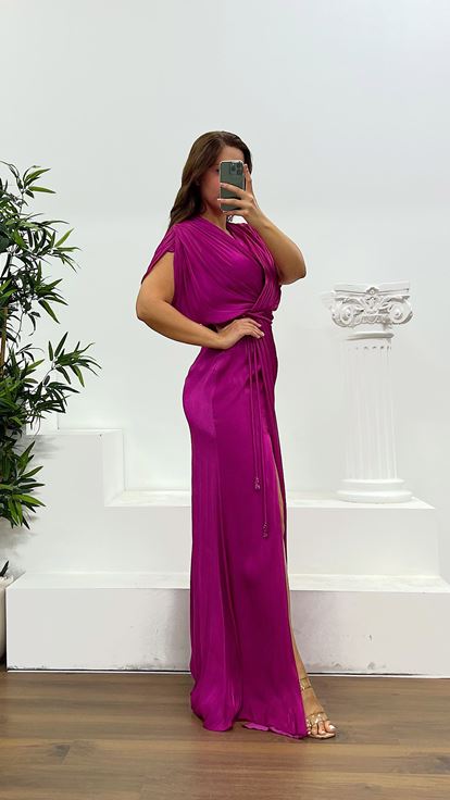 Fuchsiafarbenes  kurzärmeliges Abendkleid in Übergröße