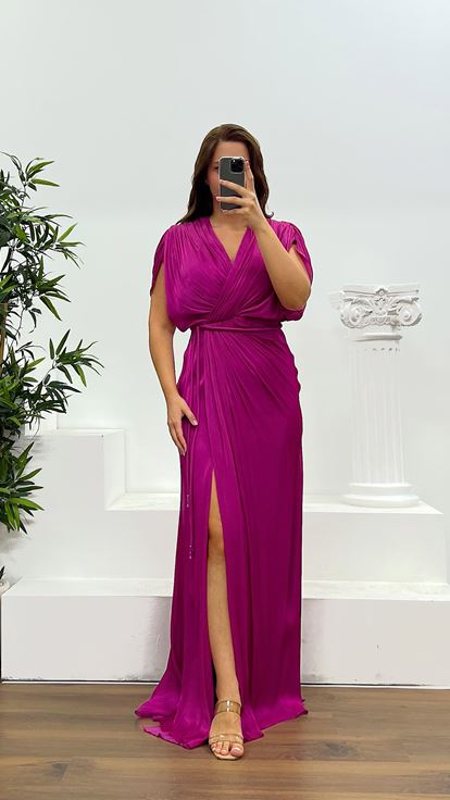 Fuchsiafarbenes  kurzärmeliges Abendkleid in Übergröße