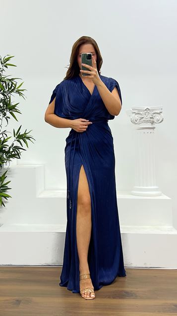 Vestido de noche azul marino de manga corta y talla grande