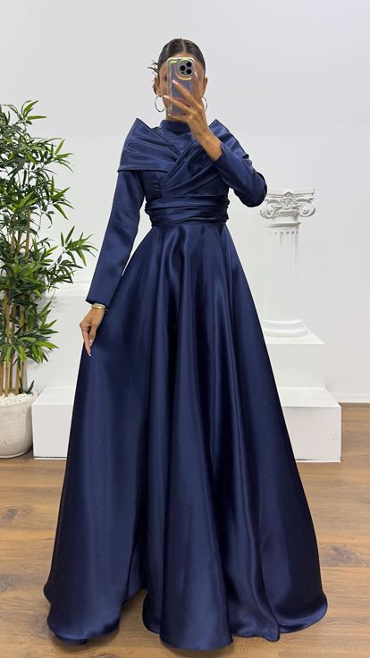Lacivert Saten Tesettür Abiye Elbise