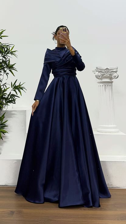 Lacivert Saten Tesettür Abiye Elbise
