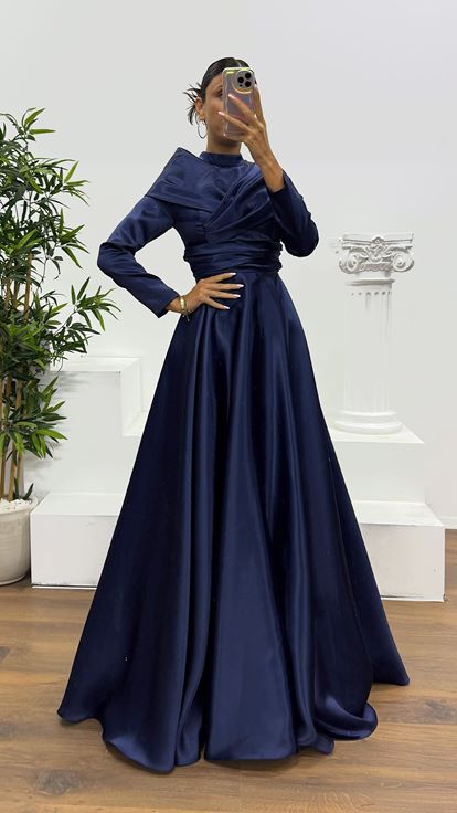 Lacivert Saten Tesettür Abiye Elbise