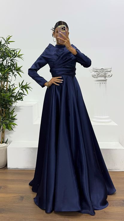 Lacivert Saten Tesettür Abiye Elbise