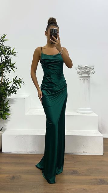 Zümrüt İp Askılı Saten Abiye Elbise