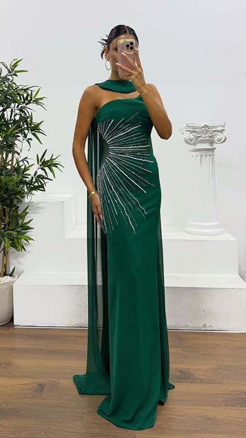 Zumrut One Shoulder Cape Evening Dress
