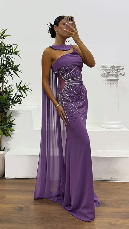 Robe de soirée cape lavande à une épaule