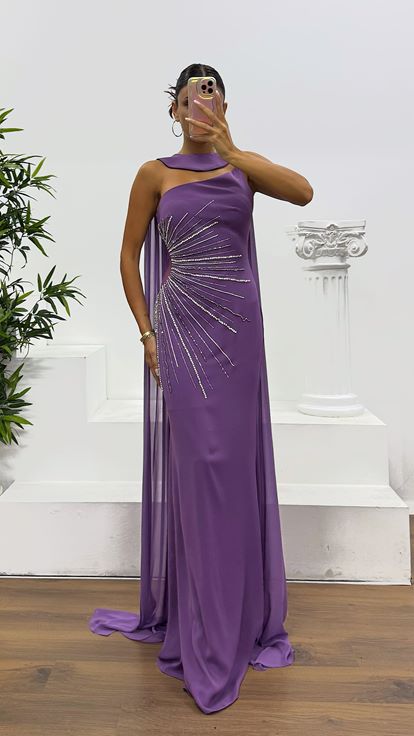 Robe de soirée cape lavande à une épaule