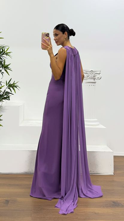 Robe de soirée cape lavande à une épaule