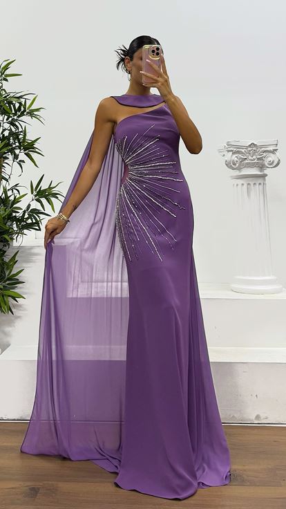 Robe de soirée cape lavande à une épaule