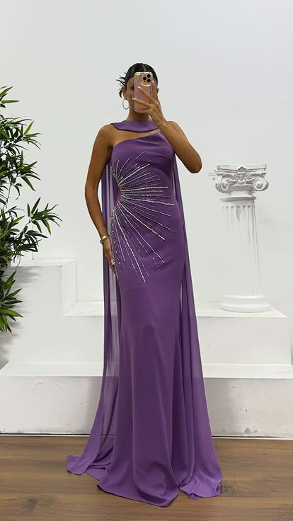 Robe de soirée cape lavande à une épaule