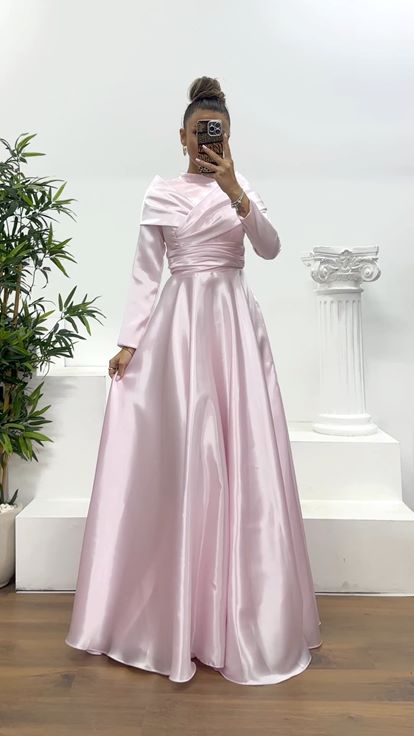 Pembe Saten Tesettür Abiye Elbise