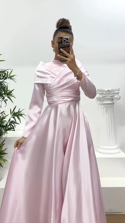 Pembe Saten Tesettür Abiye Elbise