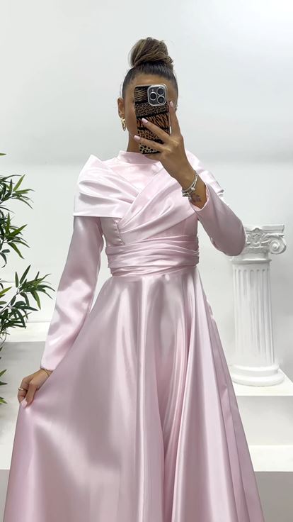 Pembe Saten Tesettür Abiye Elbise